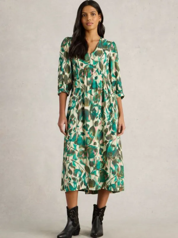 Lucy Mid Sleeve Midi Dress in GREEN PRINT<White Stuff Fashion