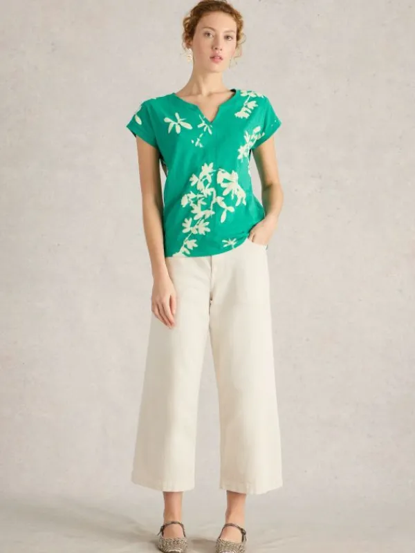 NELLY NOTCH NECK SHORT SLEEVE TEE in GREEN MULTI<White Stuff Outlet