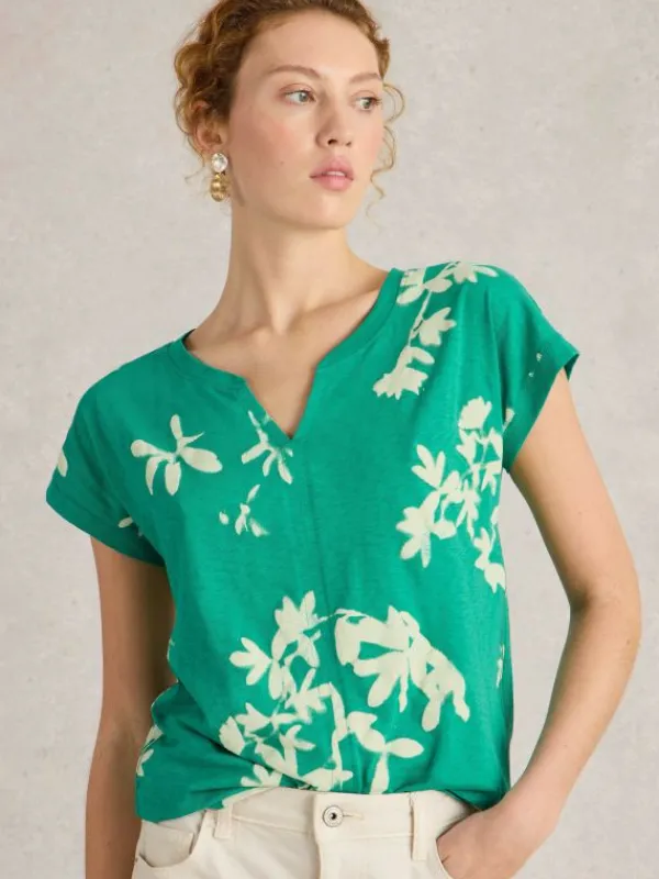 NELLY NOTCH NECK SHORT SLEEVE TEE in GREEN MULTI<White Stuff Outlet