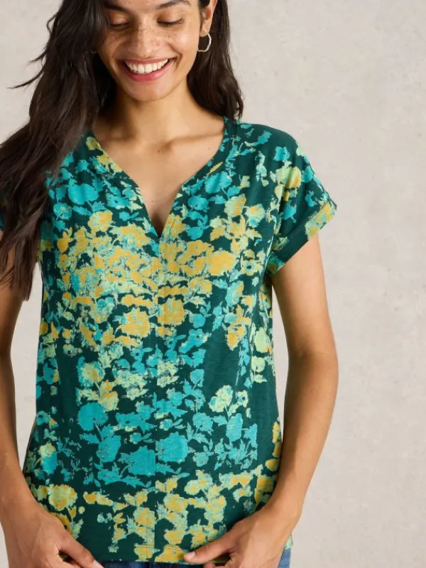 NELLY NOTCH NECK T-SHIRT in GREEN PRINT<White Stuff Clearance