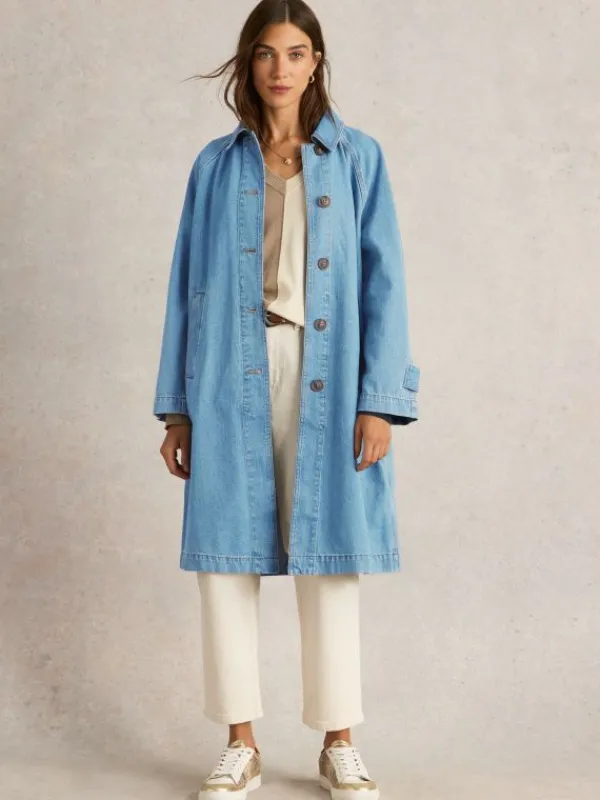 Oakleigh Denim Collared Coat in MID DENIM<White Stuff Hot