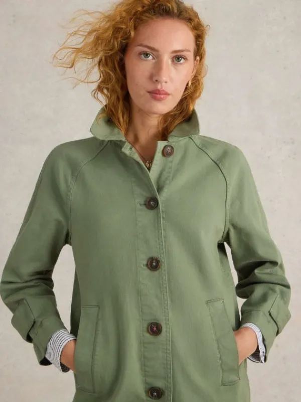 Oakleigh Denim Collared Coat in MID GREEN<White Stuff Hot