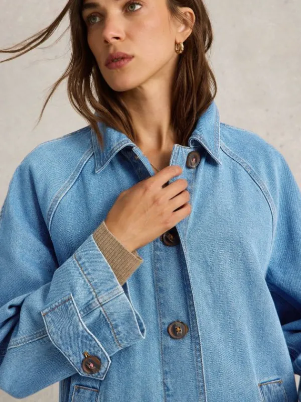 Oakleigh Denim Collared Coat in MID DENIM<White Stuff Hot